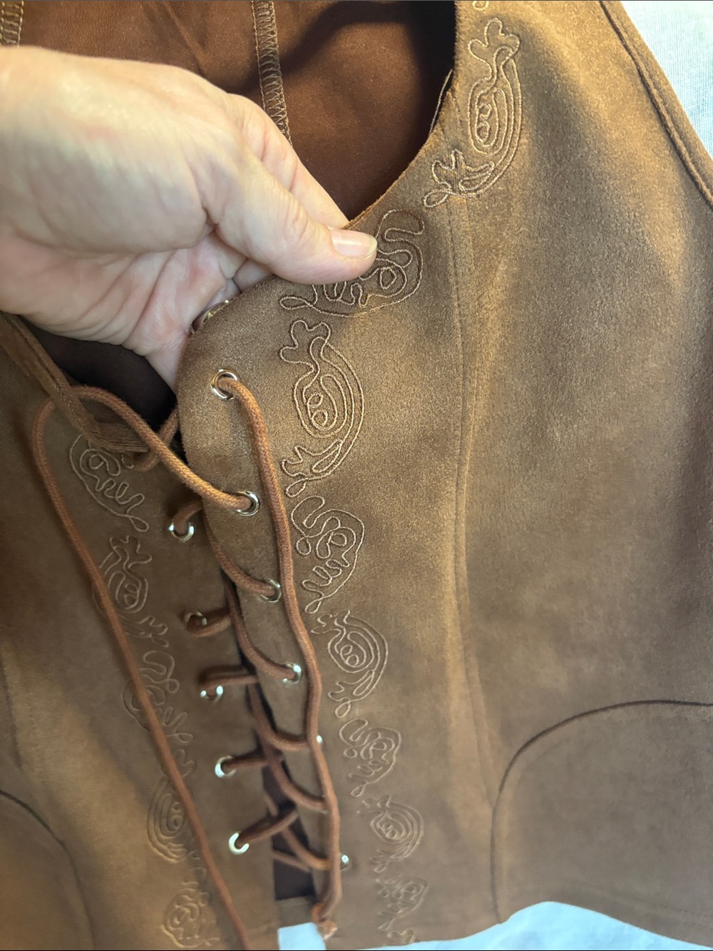 Brown Lace-Up Cottagecore Embroidered Suede-Style Vest 18”PTP EUC - Picture 2 of 3
